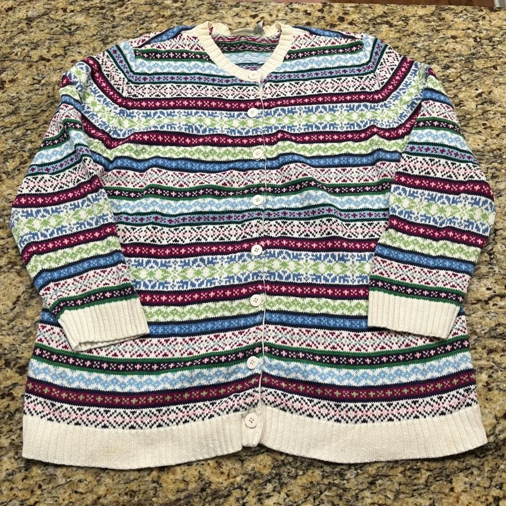 Cherokee Womens 3X Fair Isle Cardigan Sweater Multi Color Ramie Cotton Knit 90s